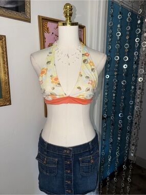 Vintage Y2K Floral Halter Bikini Top in White & Coral